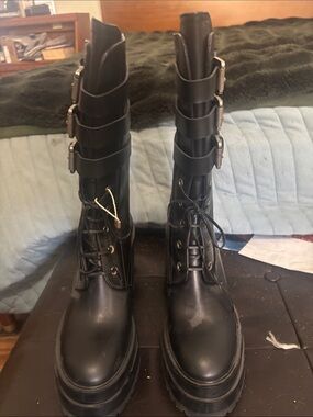 Black Women's Combat Platform Boots - Buckle & Lace Detail